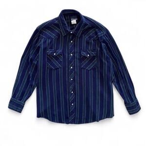 Vintage Wrangler Blue Green Stripe Flannel Button-Up with pearl snaps size XXL